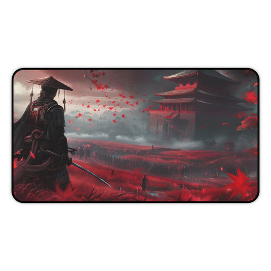 Samurai in Red Maple Field Desk Mat | Japanese Castle Landscape