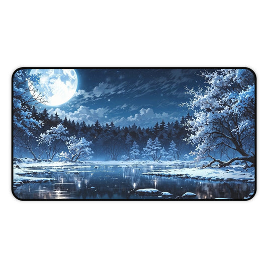 Moonlit Winter Lake Desk Mat | Snowy Forest Nightscape