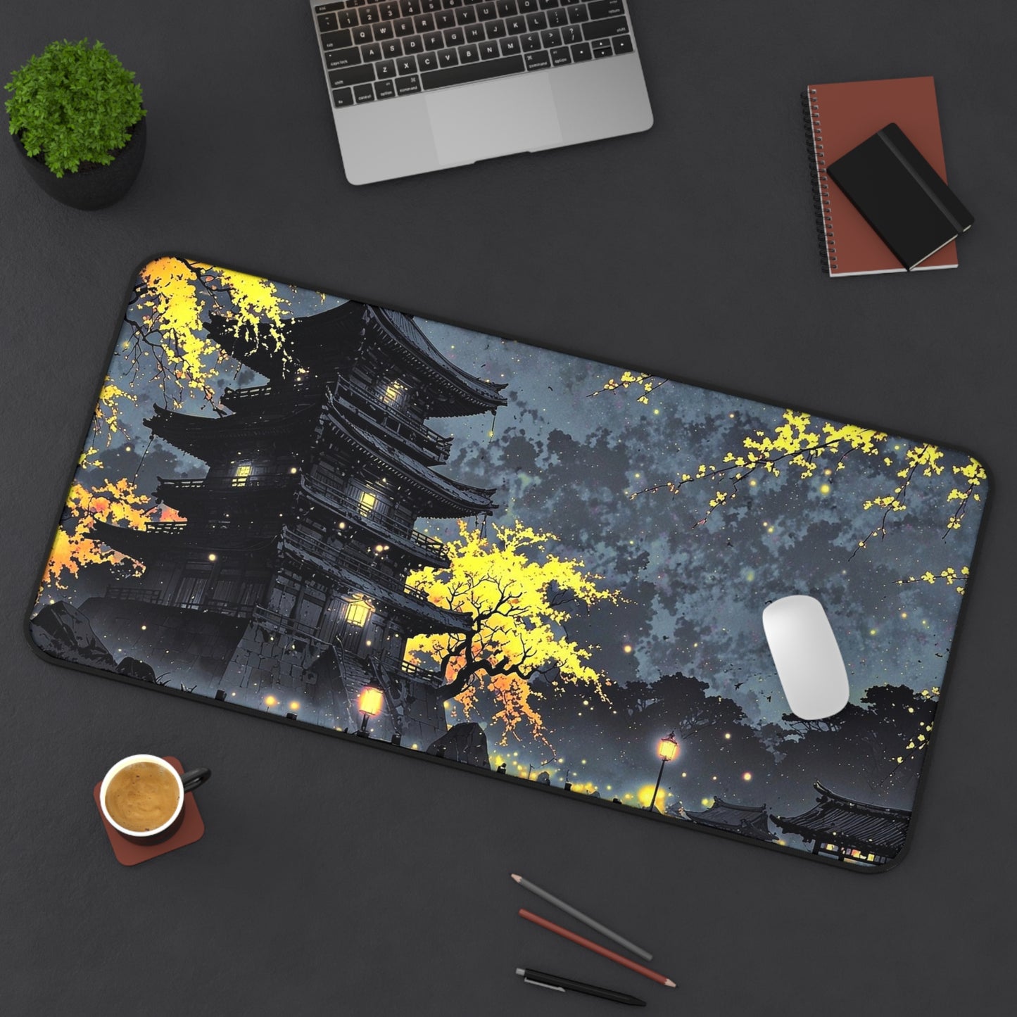 Nighttime Pagoda Landscape Desk Mat | Japanese Temple Scene Mouse Pad