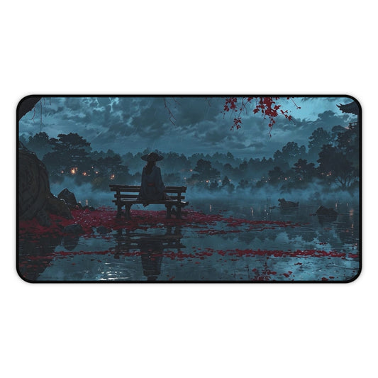 Lonely Figure on Bench at Moonlit Lake Desk Mat | Nightscape Vaporwave