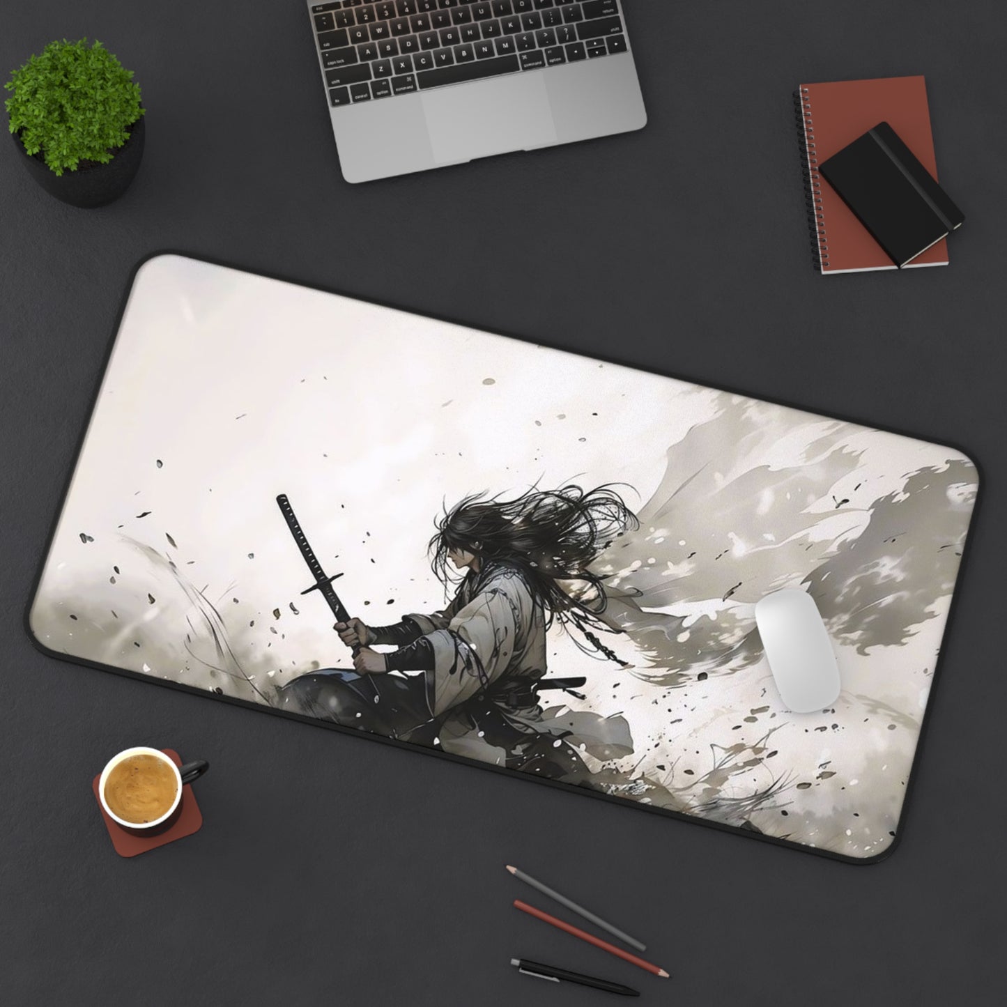 Samurai Battle Desk Mat — Epic Monochrome Sword Warrior Mouse Pad