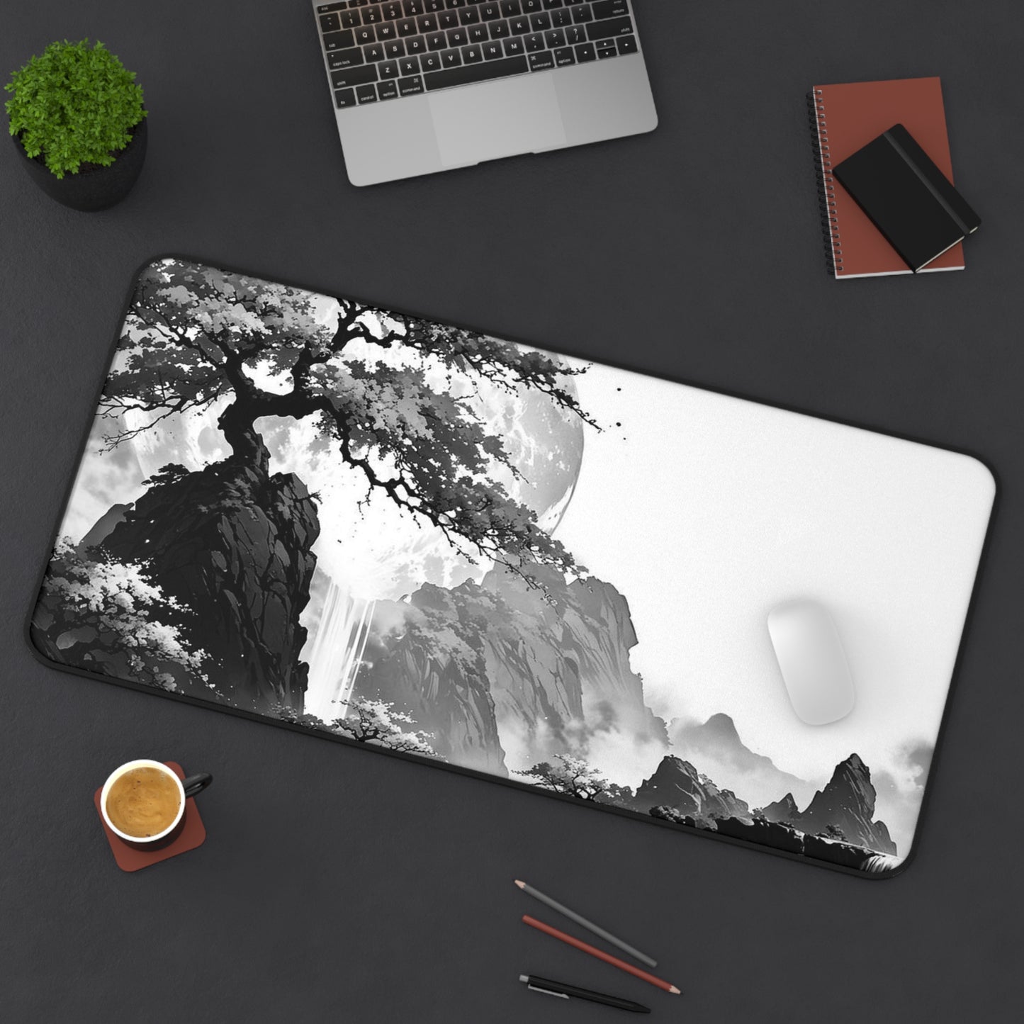 Zen Ink Landscape Desk Mat — Black & White Bonsai Moon Mouse Pad