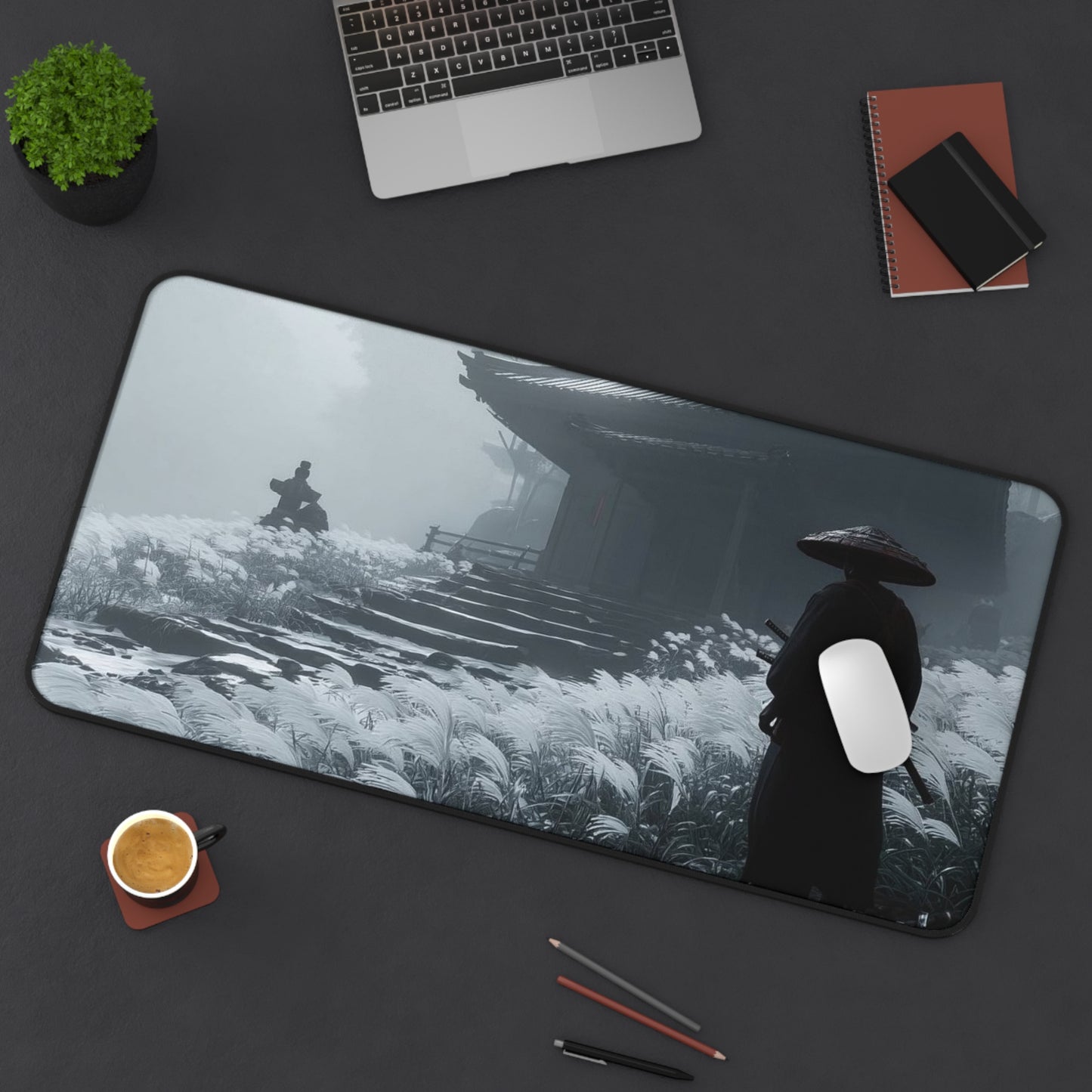 Samurai Temple Desk Mat — Misty Japanese Warrior Landscape Mouse Pad