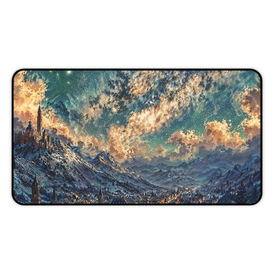 Starry Fantasy Mountain Village Desk Mat | Night Sky Landscape Mouse Pad