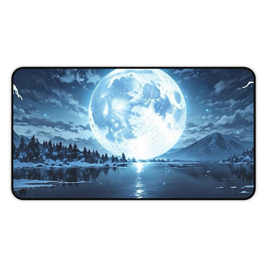 Blue Full Moon Lake Scene Desk Mat | Night Sky Mouse Pad