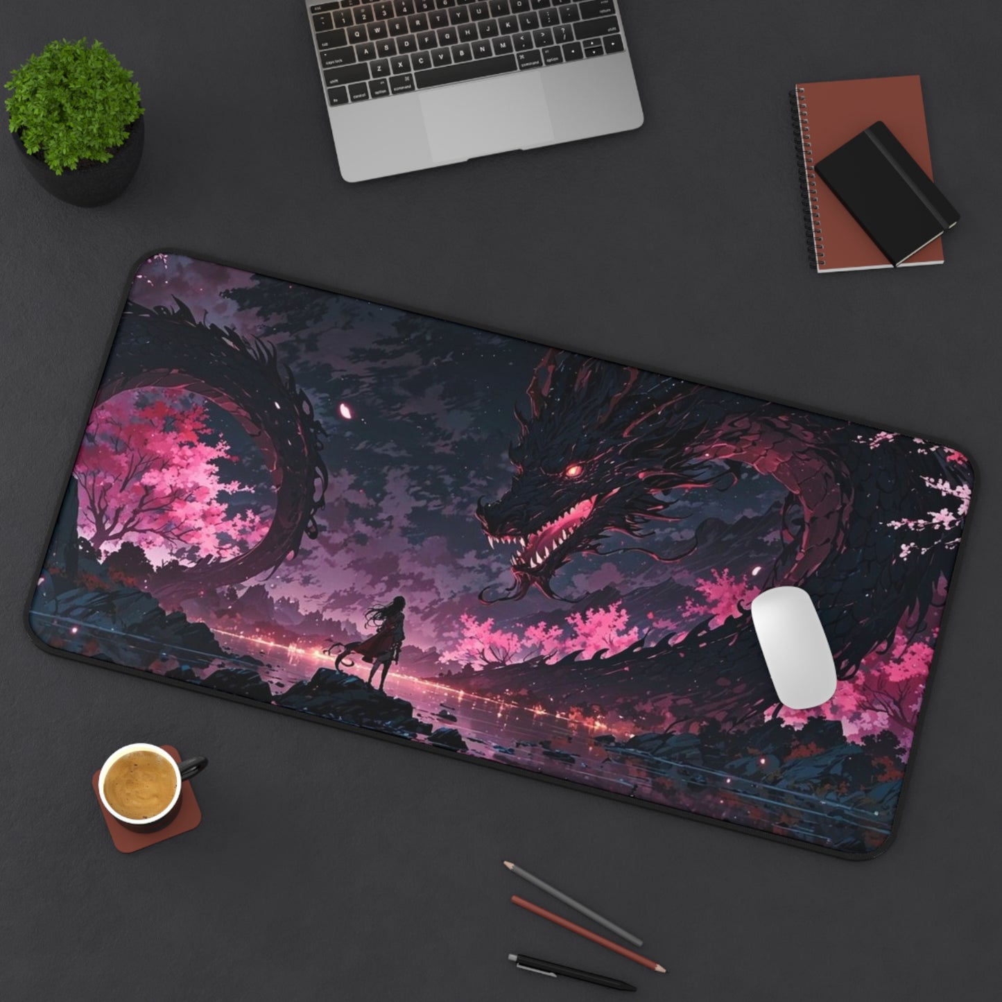 Moonlit Sakura Dragon Desk Mat | Anime Fantasy Landscape Mouse Pad