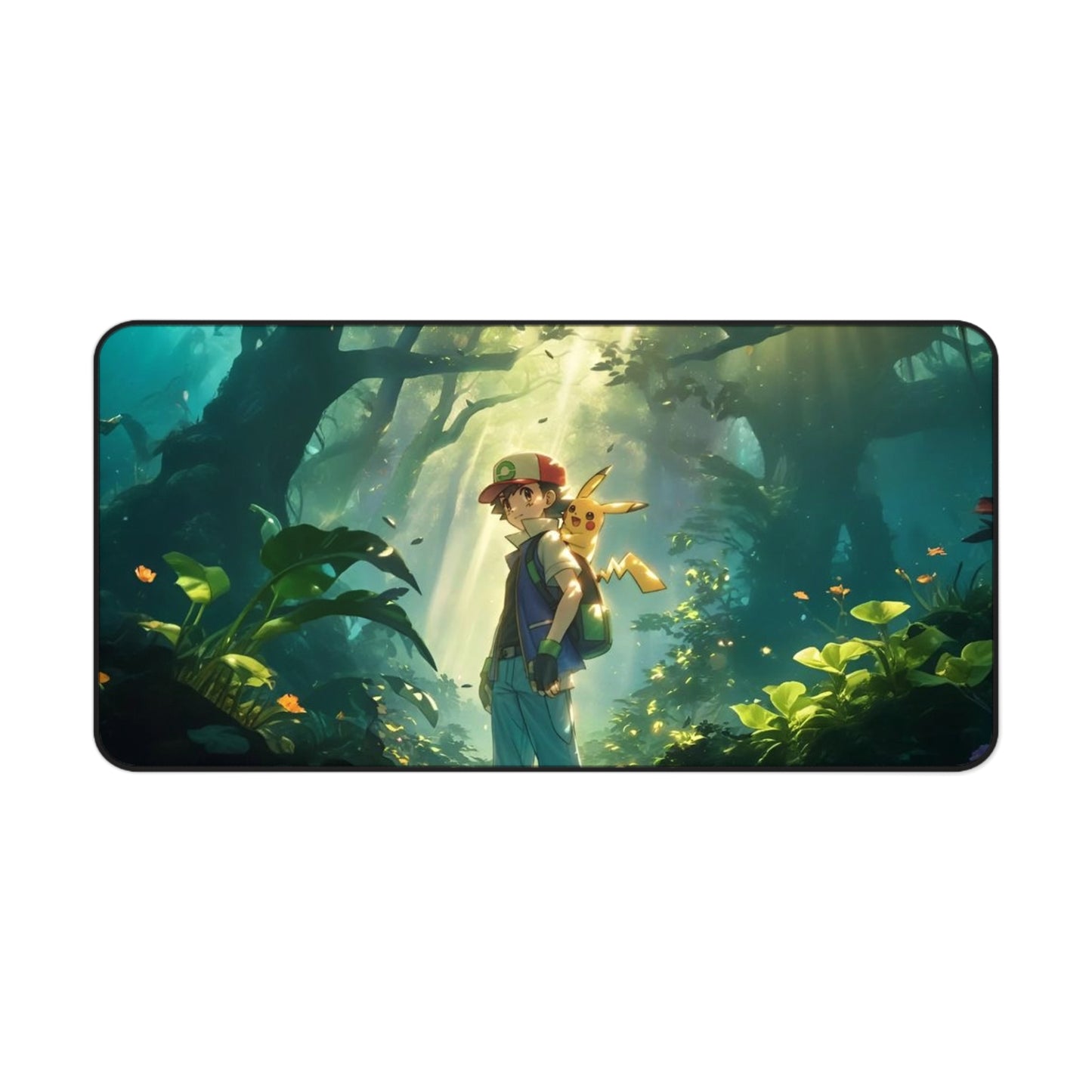 Forest Adventure Scene Desk Mat | Boy with Fox in Sunlit Woods