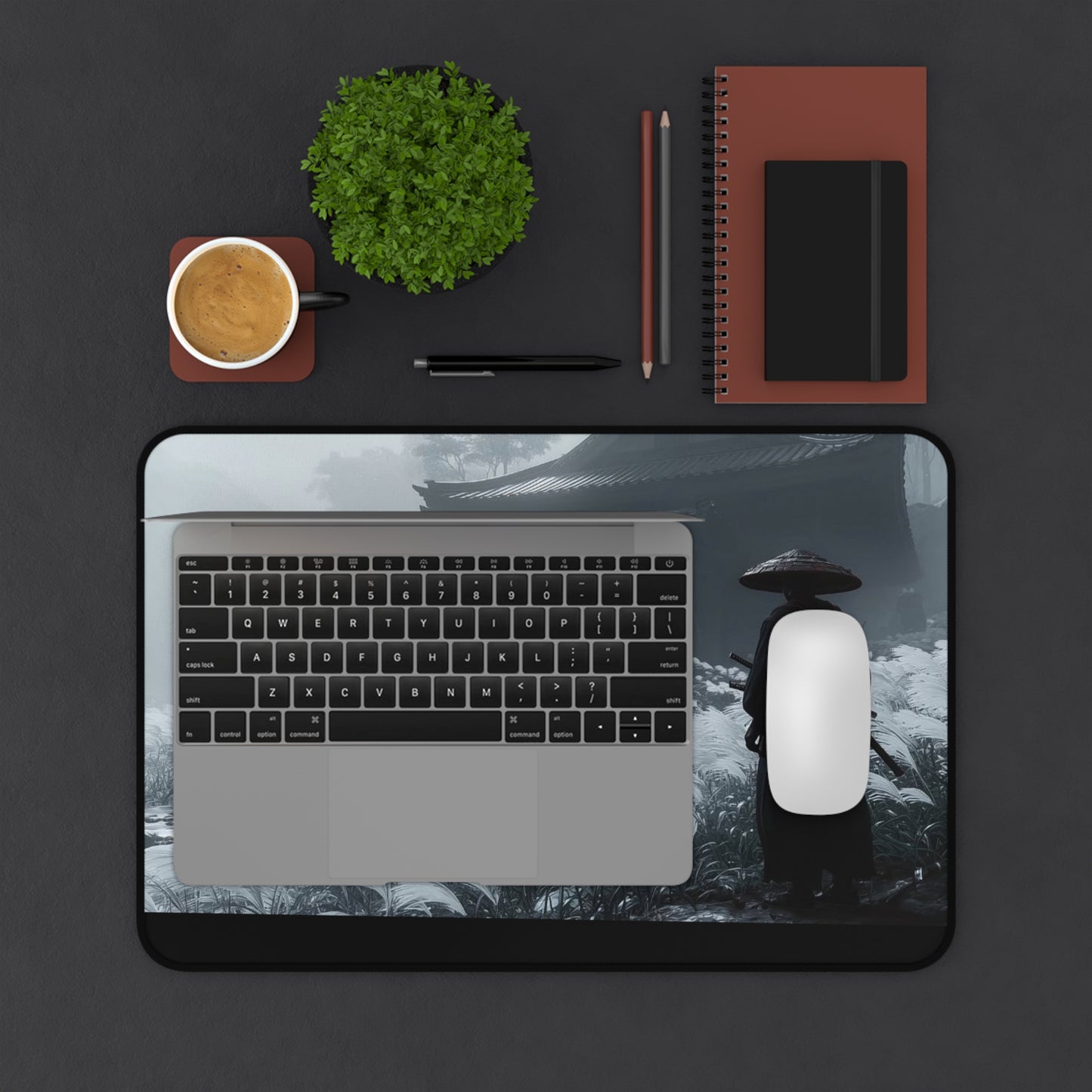 Samurai Temple Desk Mat — Misty Japanese Warrior Landscape Mouse Pad
