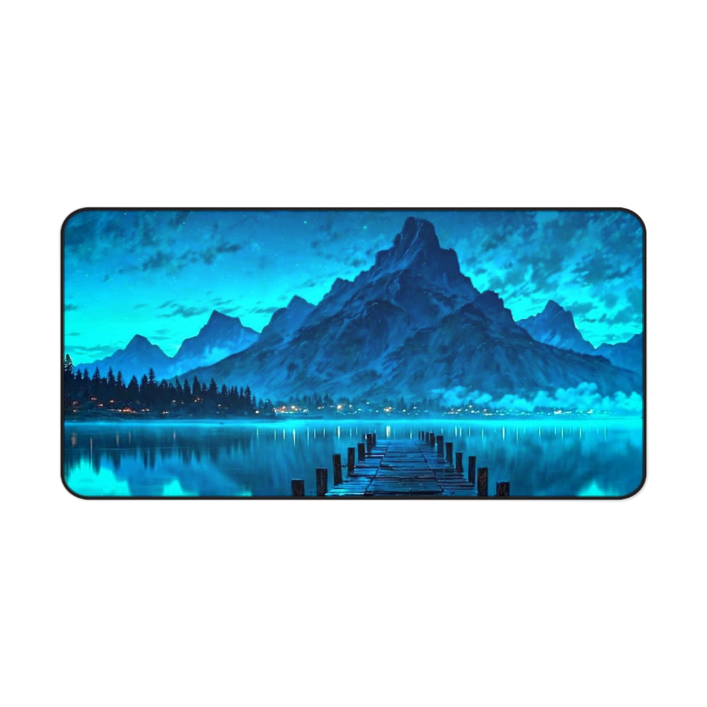 Moonlit Mountain Lake Desk Mat | Blue Scenic Landscape Mouse Pad