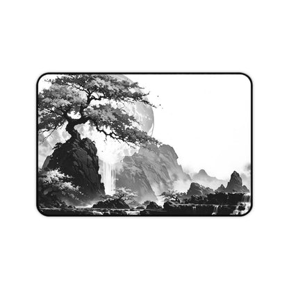 Zen Ink Landscape Desk Mat — Black & White Bonsai Moon Mouse Pad