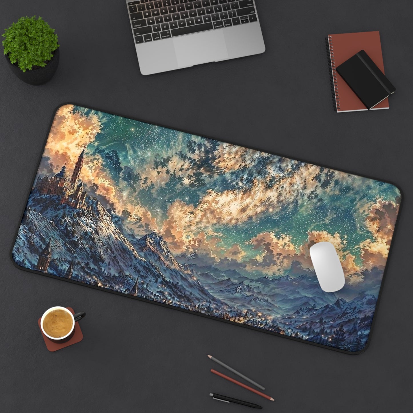 Starry Fantasy Mountain Village Desk Mat | Night Sky Landscape Mouse Pad
