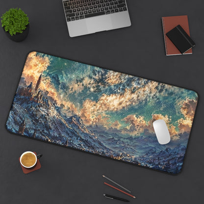 Starry Fantasy Mountain Village Desk Mat | Night Sky Landscape Mouse Pad