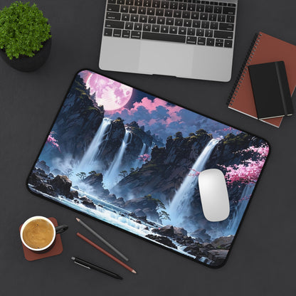 Moonlit Waterfall Landscape Desk Mat | Sakura River Scene