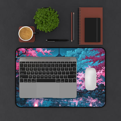 Cherry Blossom Pagoda Desk Mat | Japanese Nightscape Mouse Pad