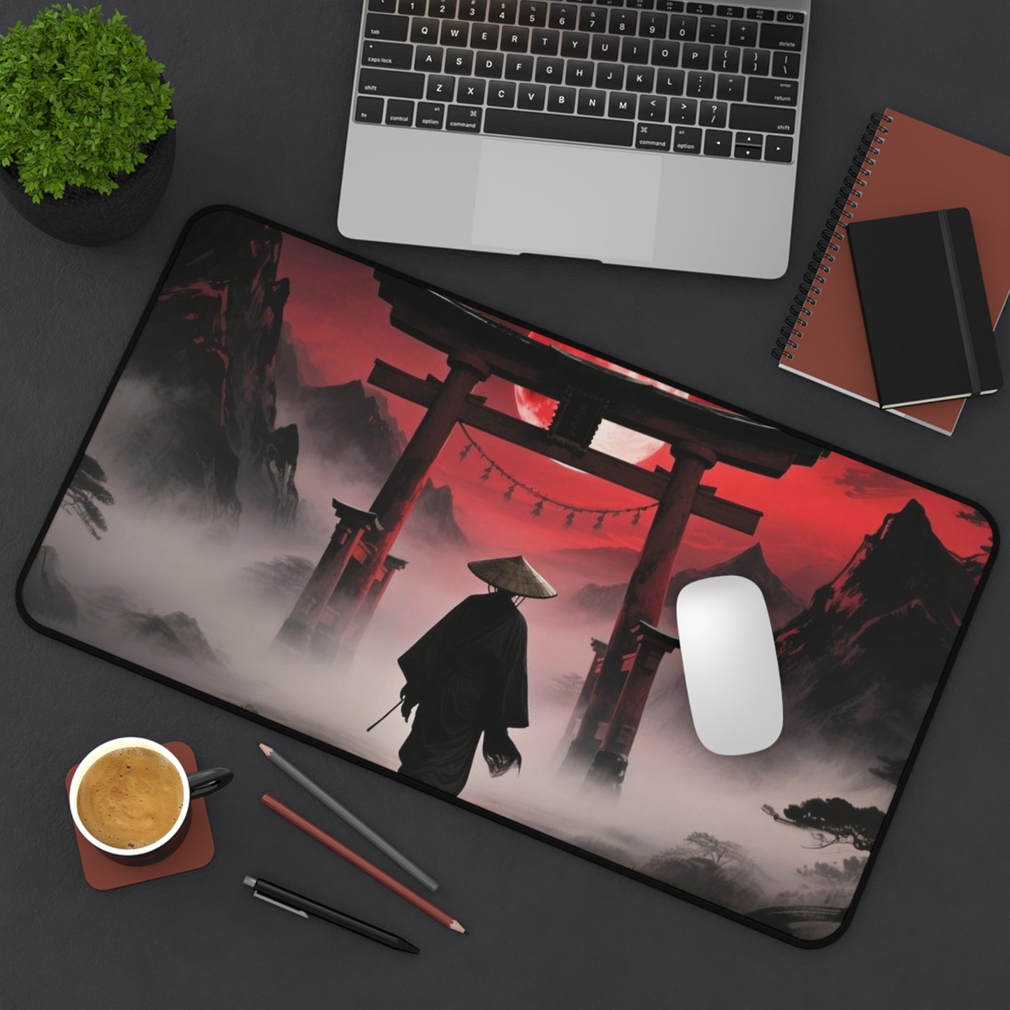 Samurai Torii Gate desk mat | Red Moon Japanese Landscape, Foggy Mountain Mousepad