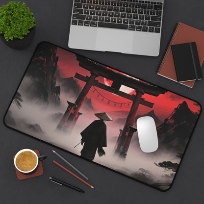 Samurai Torii Gate desk mat | Red Moon Japanese Landscape, Foggy Mountain Mousepad