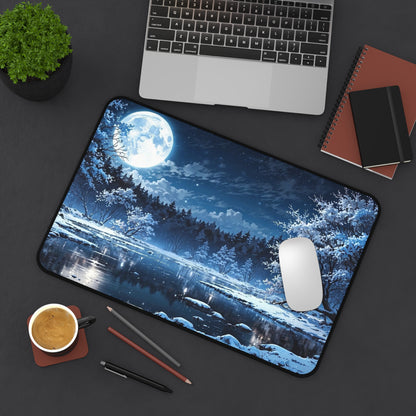 Moonlit Winter Lake Desk Mat | Snowy Forest Nightscape