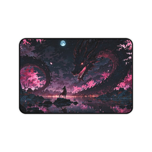 Moonlit Sakura Dragon Desk Mat | Anime Fantasy Landscape Mouse Pad
