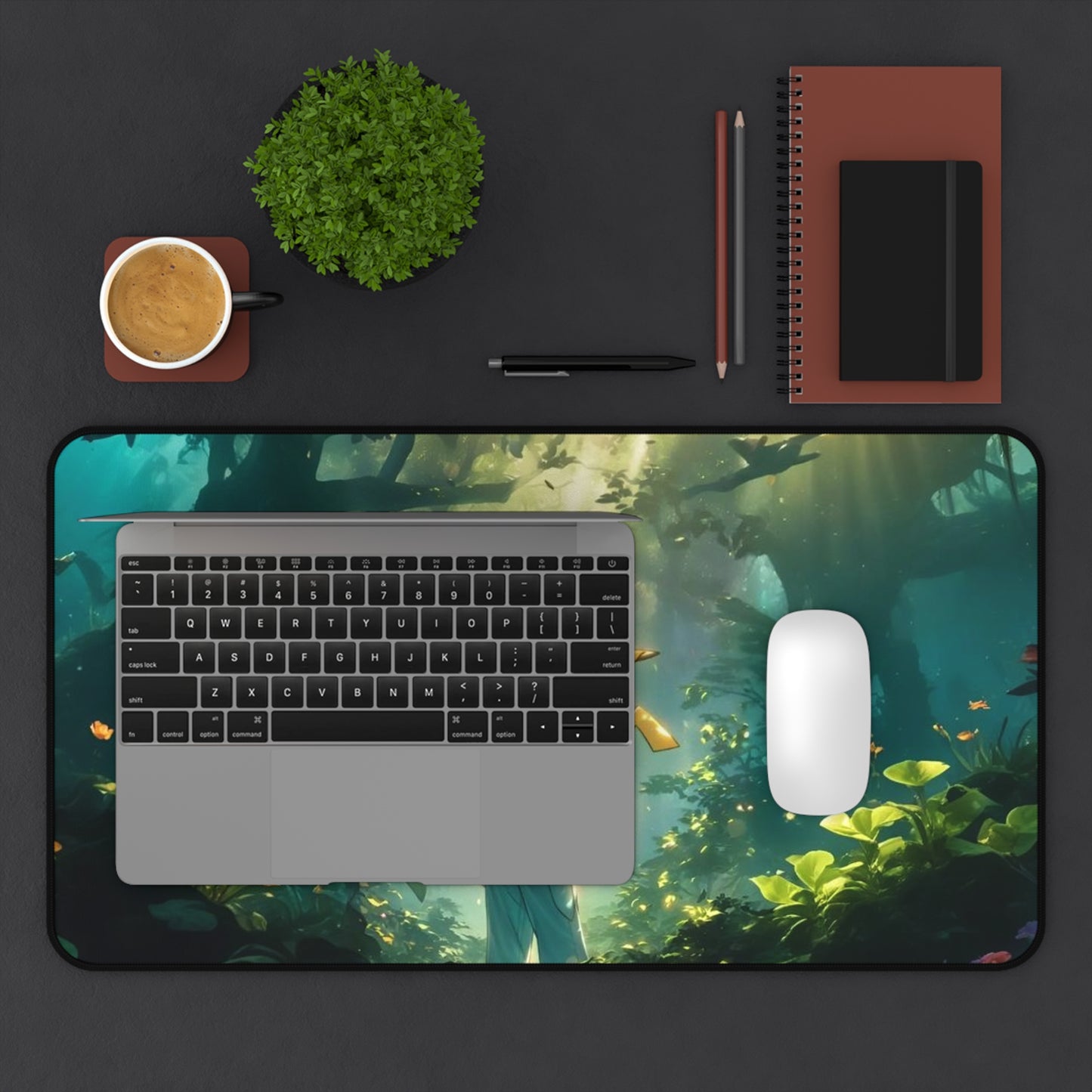 Forest Adventure Scene Desk Mat | Boy with Fox in Sunlit Woods