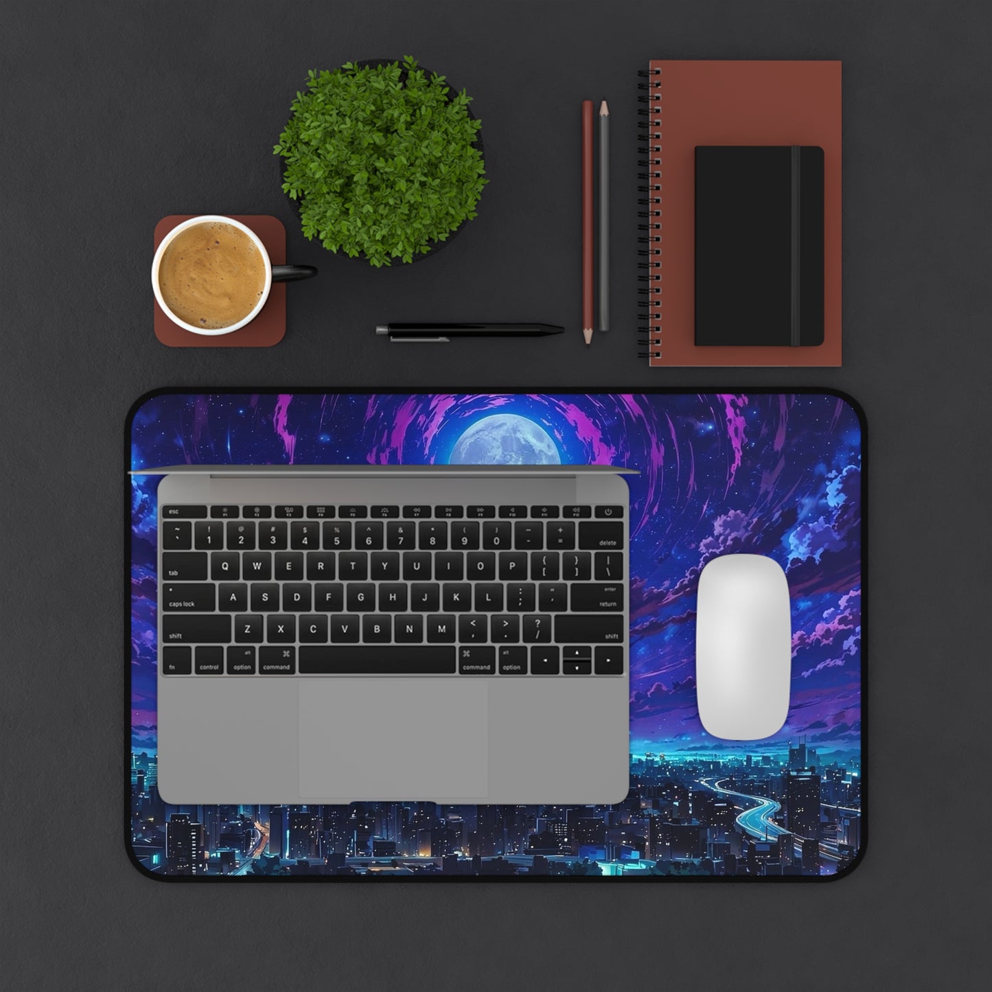 Moonlit City Skyline Desk Mat | Night Sky, Neon Purple Moon
