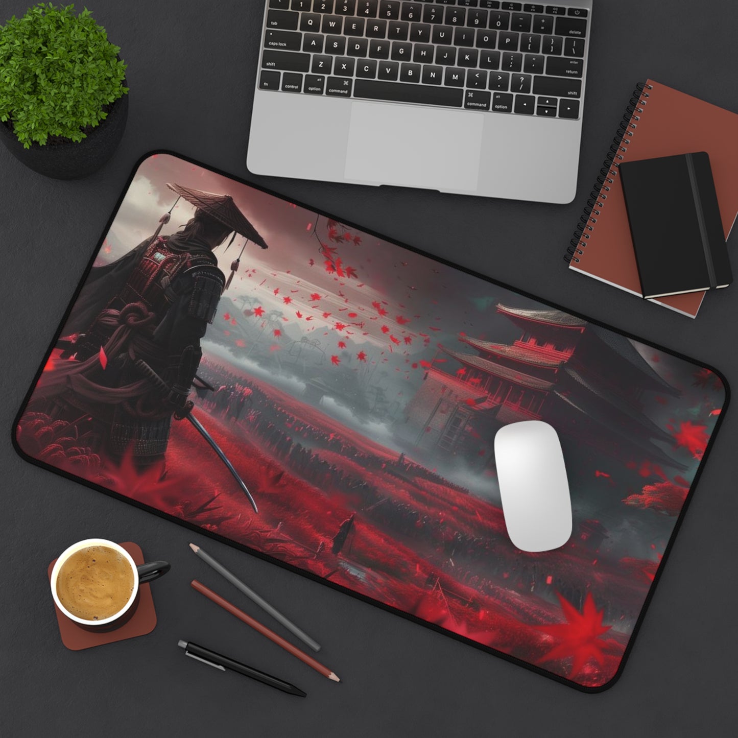 Samurai in Red Maple Field Desk Mat | Japanese Castle Landscape