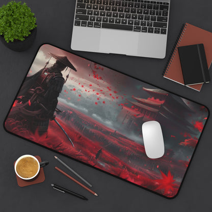 Samurai in Red Maple Field Desk Mat | Japanese Castle Landscape