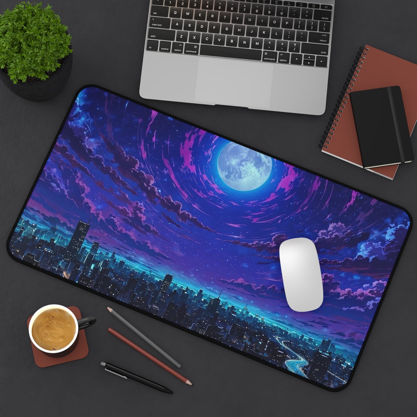 Moonlit City Skyline Desk Mat | Night Sky, Neon Purple Moon