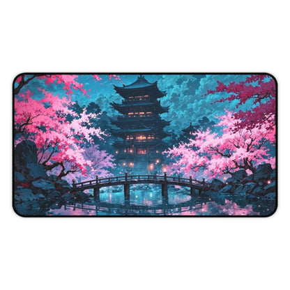 Cherry Blossom Pagoda Desk Mat | Japanese Nightscape Mouse Pad
