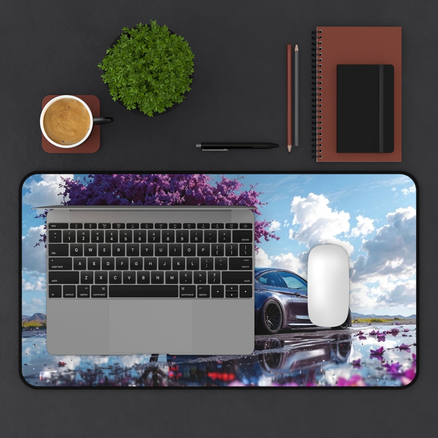 Purple Blossom Sports Car Desk Mat | Scenic Reflection Mouse Pad