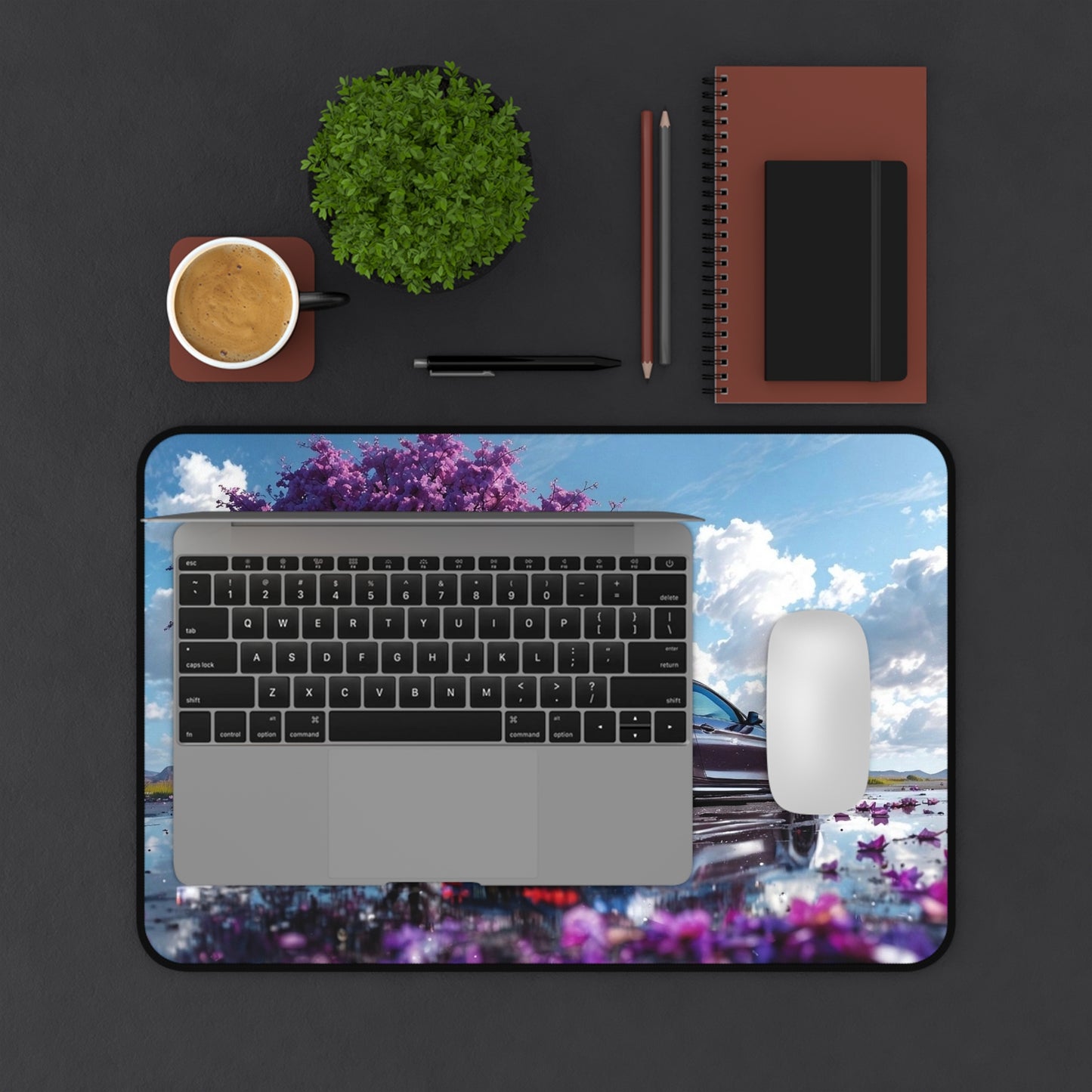 Purple Blossom Sports Car Desk Mat | Scenic Reflection Mouse Pad