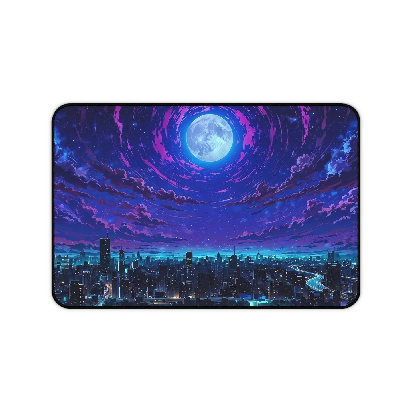 Moonlit City Skyline Desk Mat | Night Sky, Neon Purple Moon