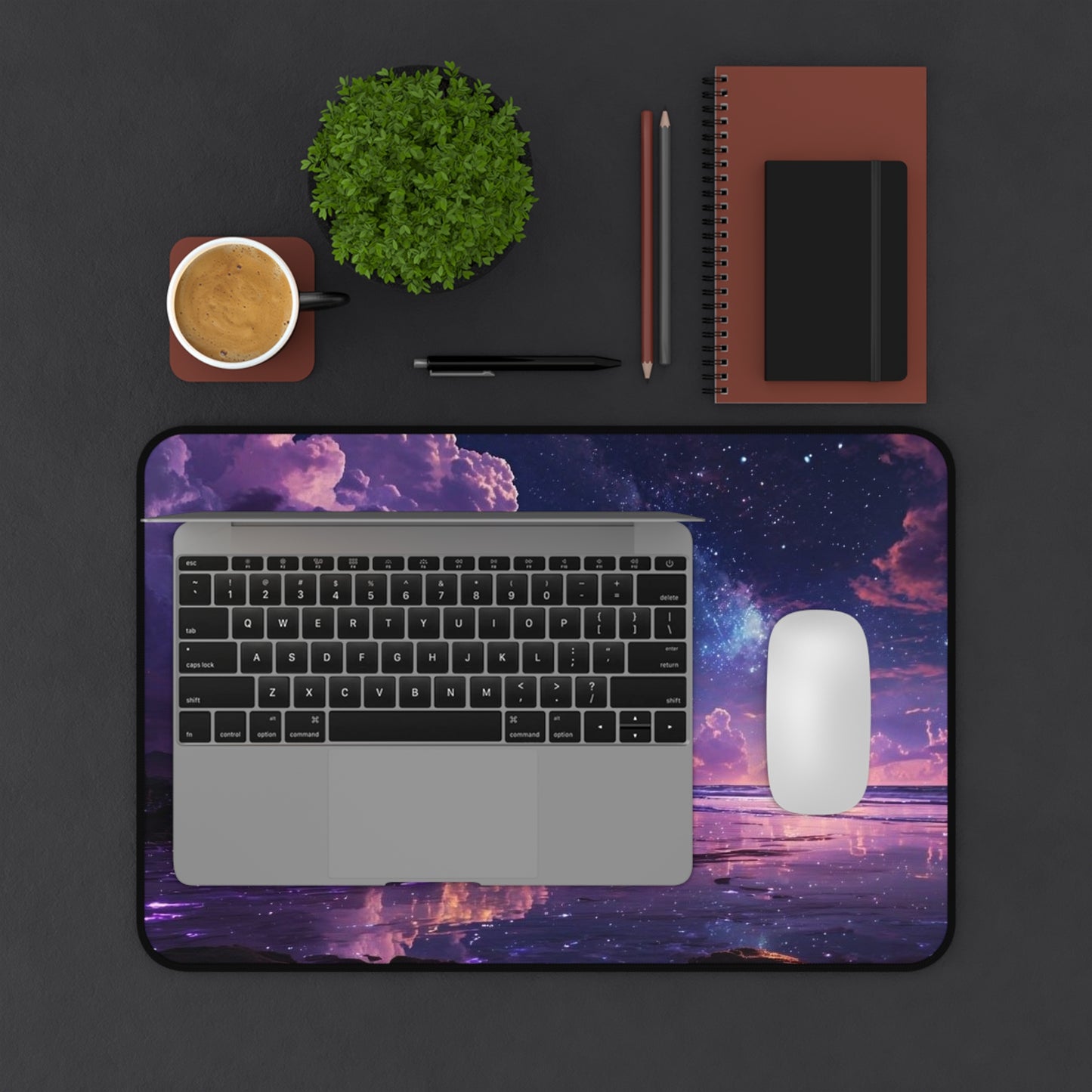 Purple Galaxy Beach Sunset Desk Mat | Cosmic Night Sky Mousepad