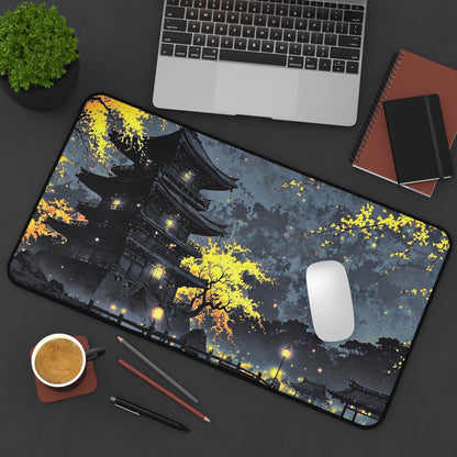 Nighttime Pagoda Landscape Desk Mat | Japanese Temple Scene Mouse Pad