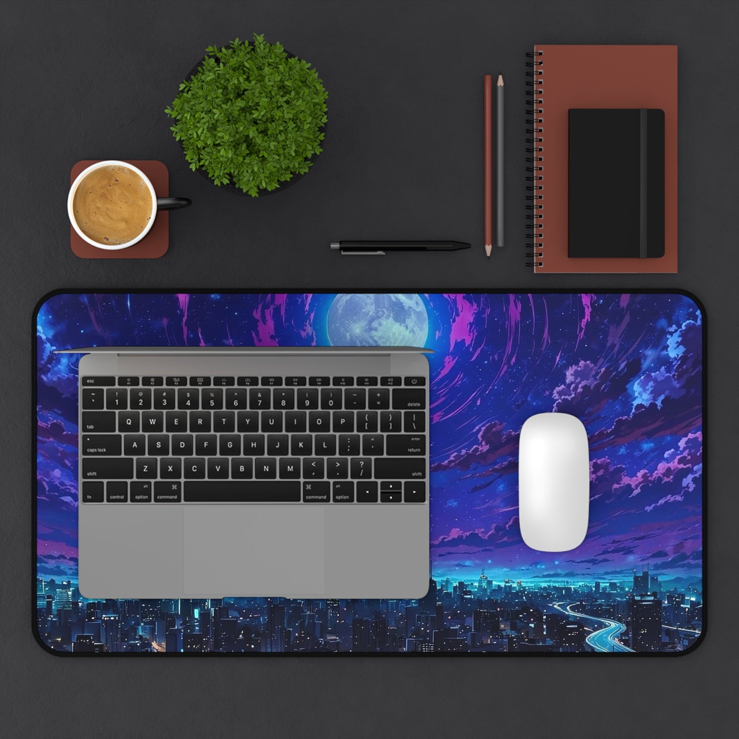 Moonlit City Skyline Desk Mat | Night Sky, Neon Purple Moon