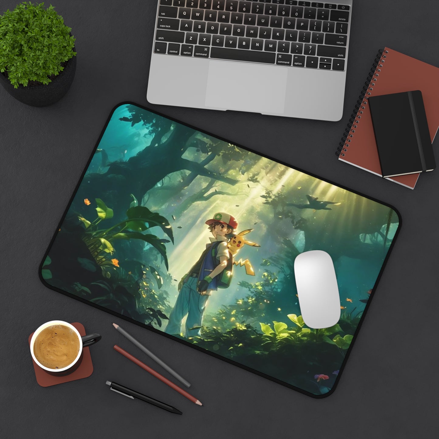 Forest Adventure Scene Desk Mat | Boy with Fox in Sunlit Woods