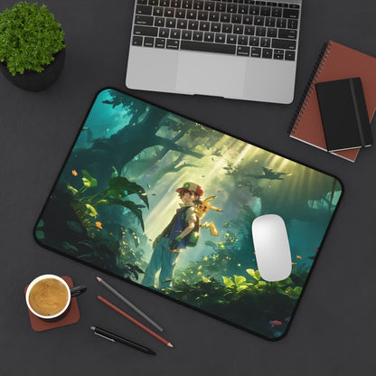 Forest Adventure Scene Desk Mat | Boy with Fox in Sunlit Woods