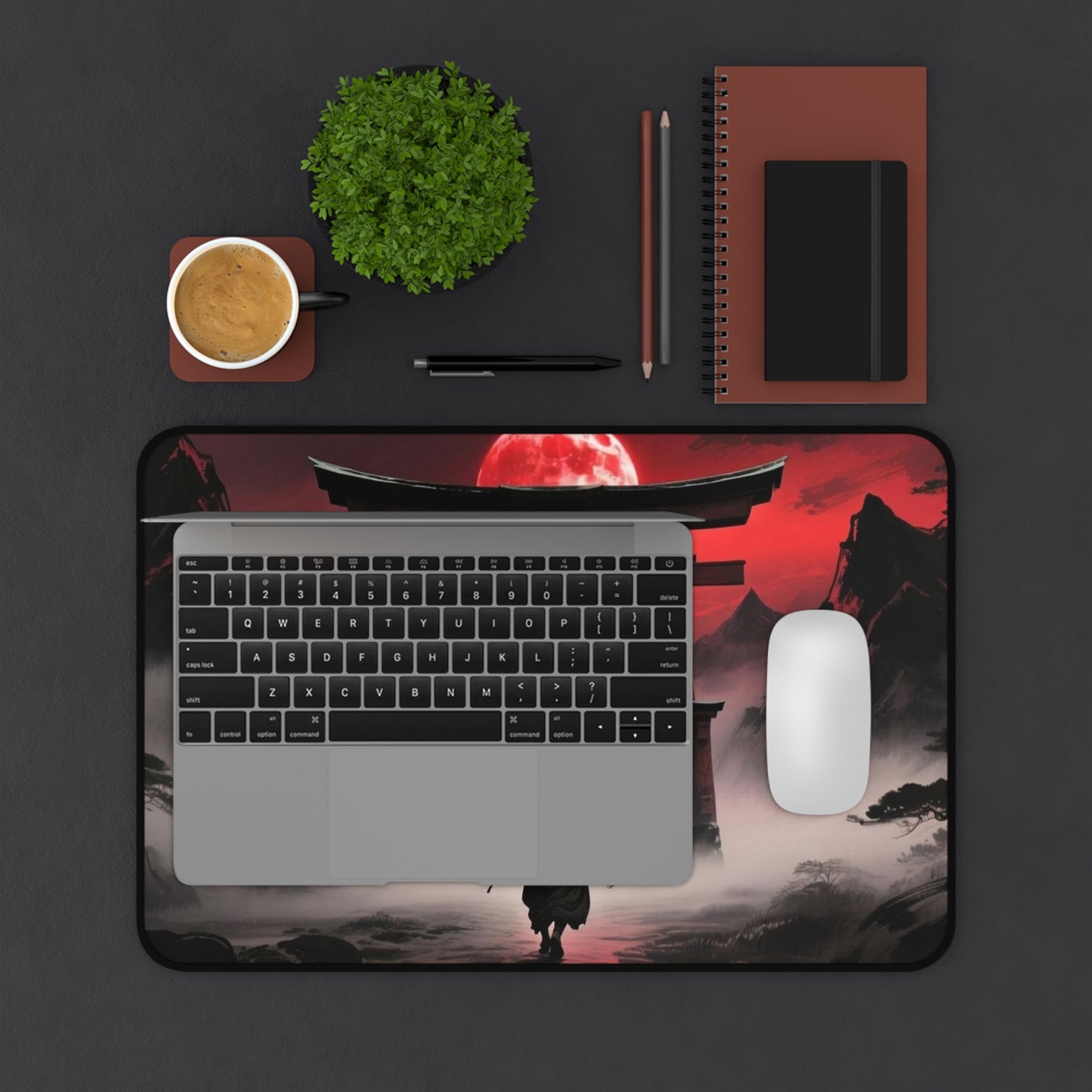 Samurai Torii Gate desk mat | Red Moon Japanese Landscape, Foggy Mountain Mousepad