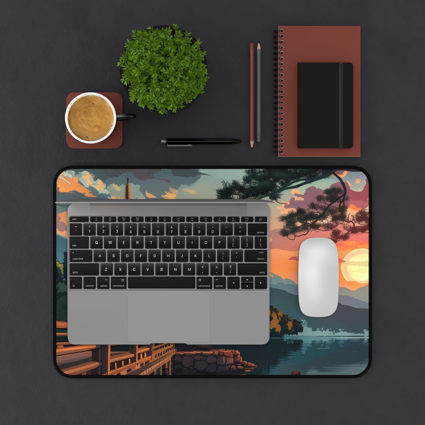 Sunset Japanese Temple Desk Mat | Scenic Anime Landscape Mouse Pad