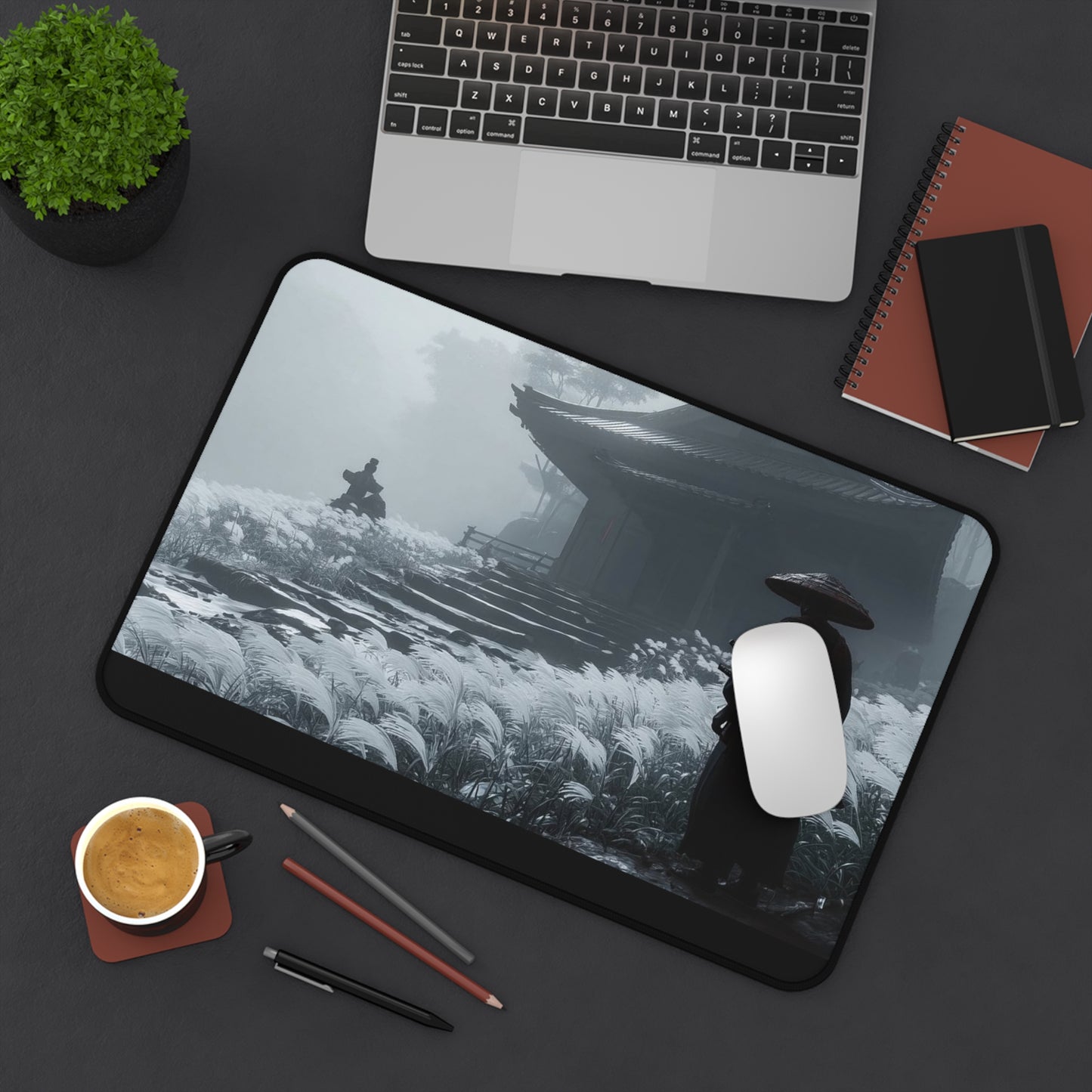 Samurai Temple Desk Mat — Misty Japanese Warrior Landscape Mouse Pad