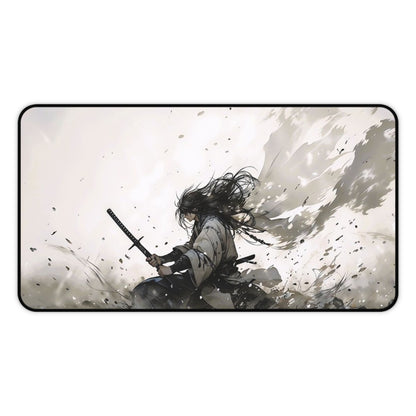 Samurai Battle Desk Mat — Epic Monochrome Sword Warrior Mouse Pad
