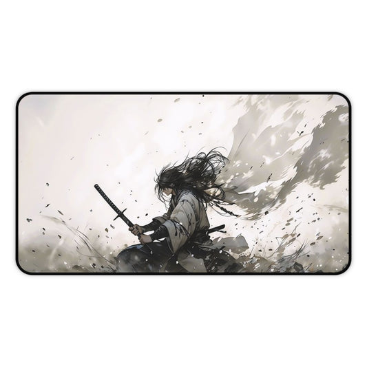 Samurai Battle Desk Mat — Epic Monochrome Sword Warrior Mouse Pad