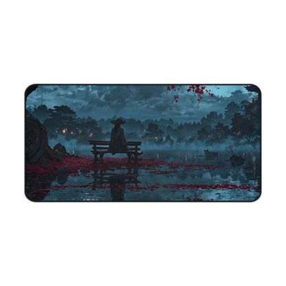 Lonely Figure on Bench at Moonlit Lake Desk Mat | Nightscape Vaporwave