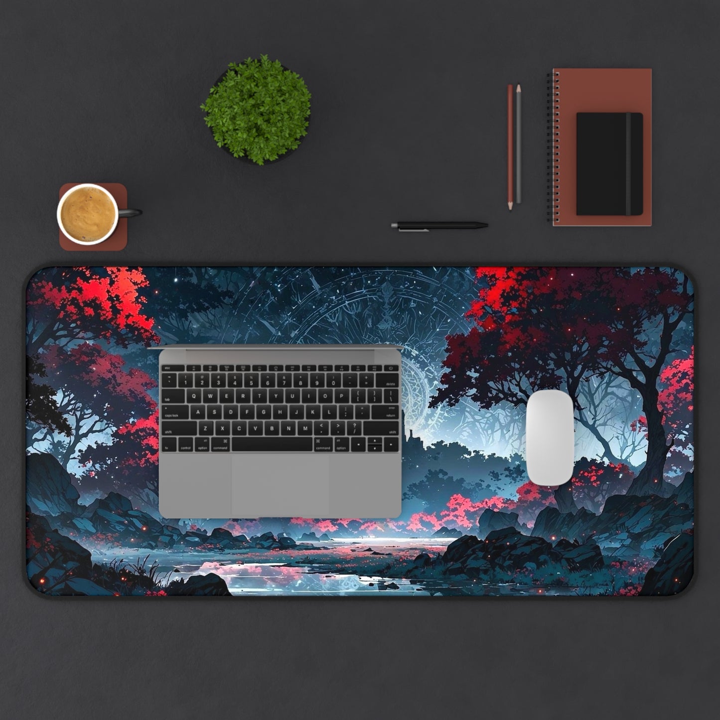 Mystic Castle Landscape Desk Mat | Night Sky, Red Trees, Fantasy Scene
