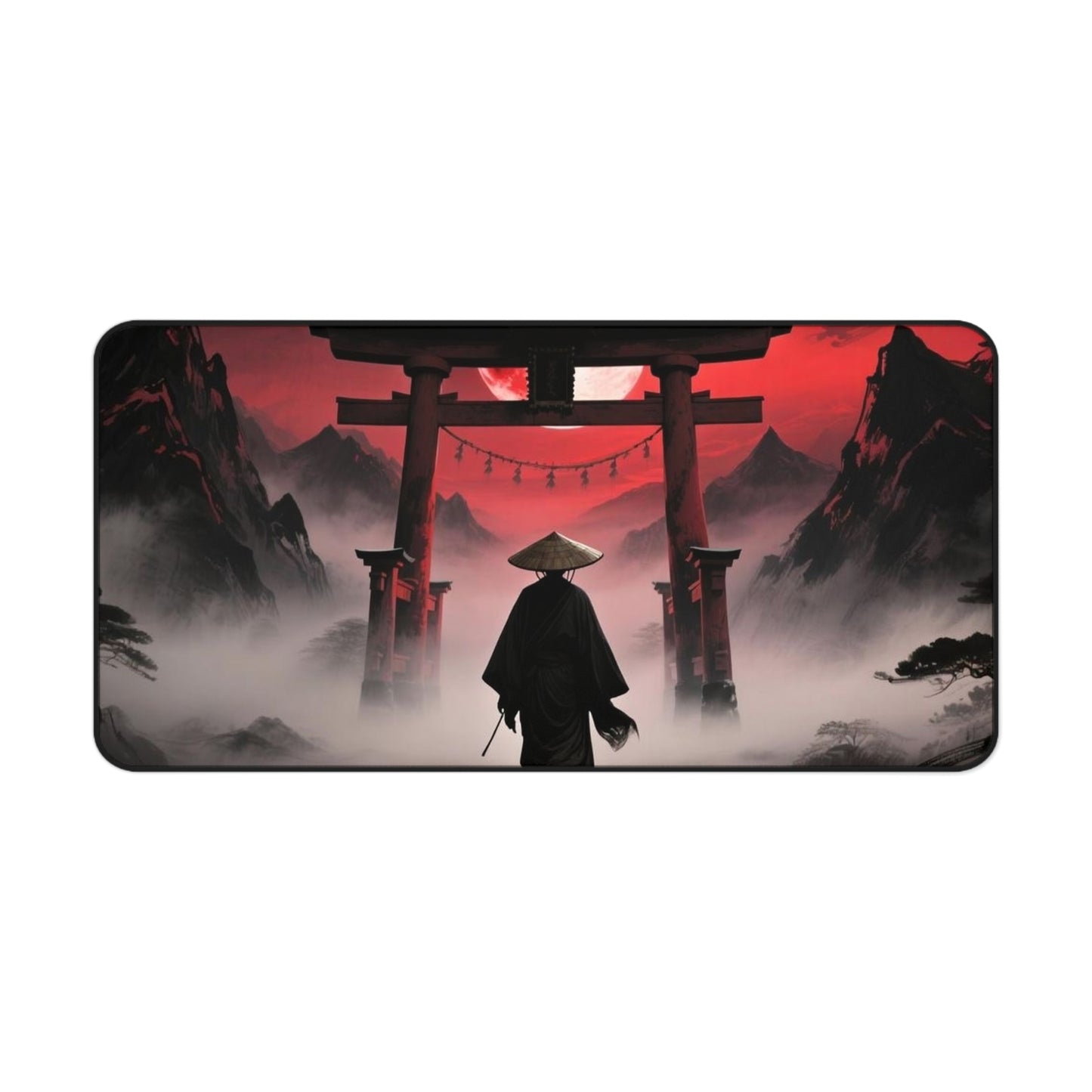 Samurai Torii Gate desk mat | Red Moon Japanese Landscape, Foggy Mountain Mousepad