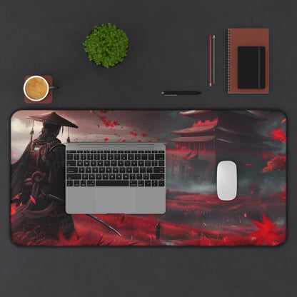 Samurai in Red Maple Field Desk Mat | Japanese Castle Landscape