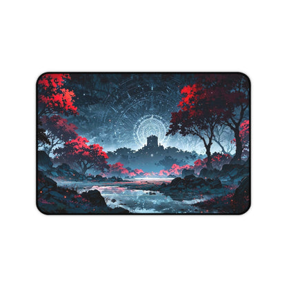 Mystic Castle Landscape Desk Mat | Night Sky, Red Trees, Fantasy Scene