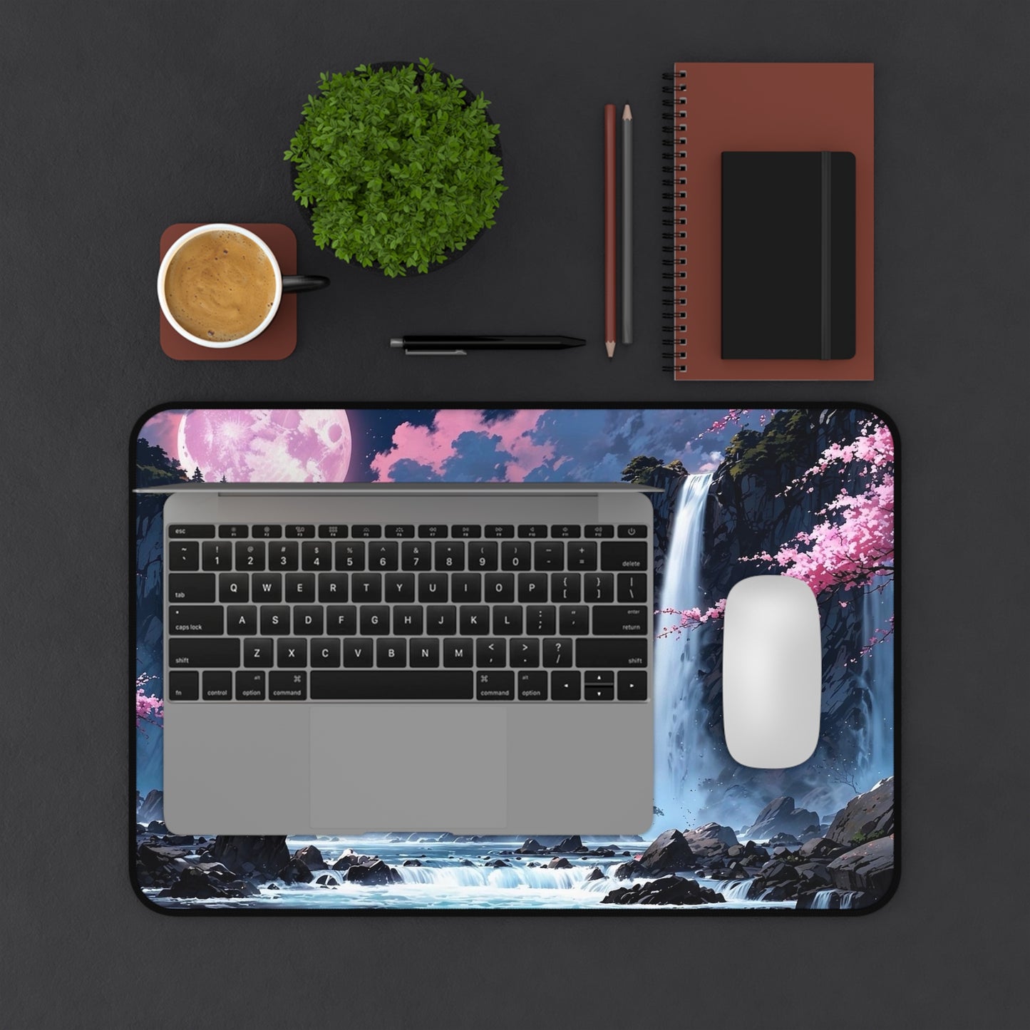 Moonlit Waterfall Landscape Desk Mat | Sakura River Scene