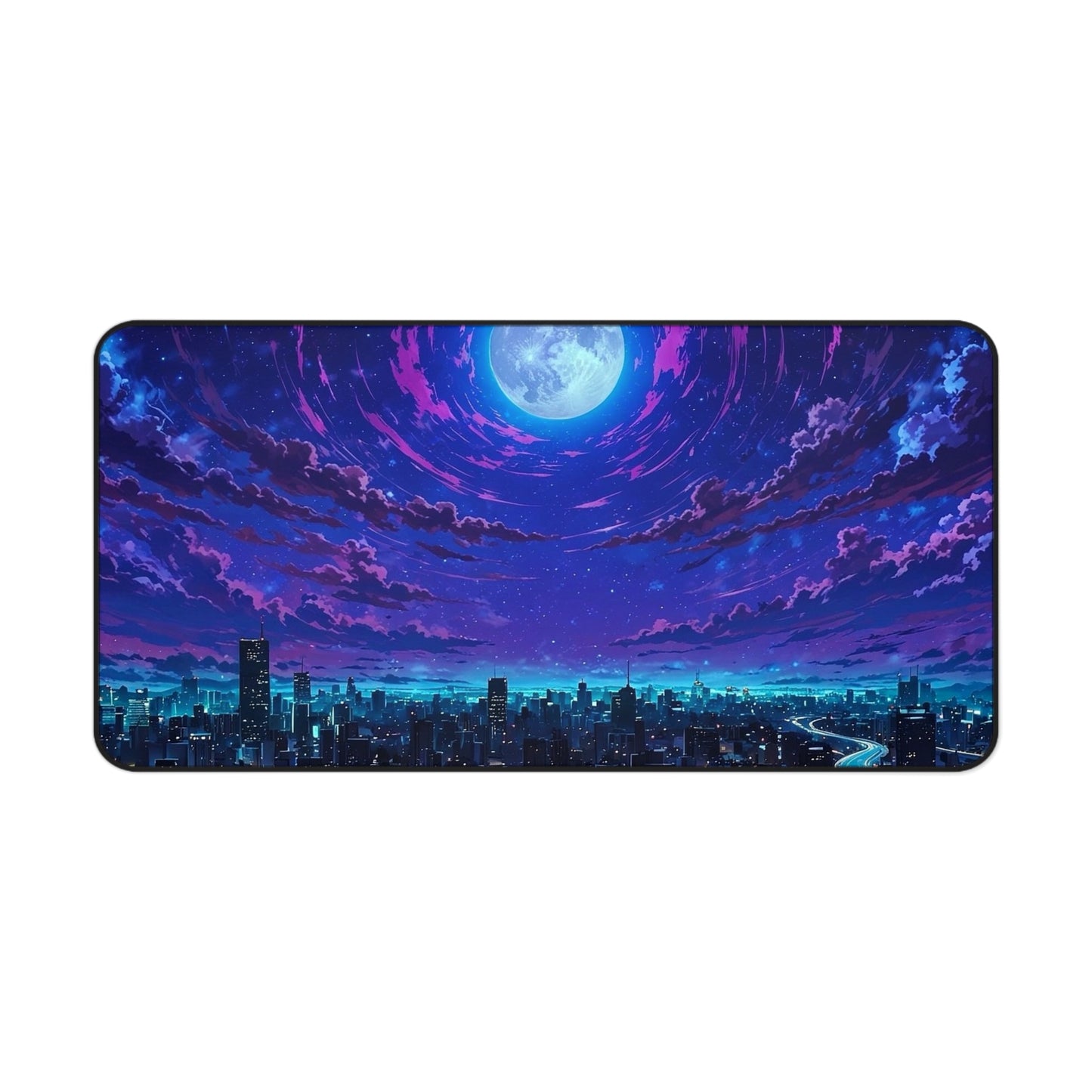 Moonlit City Skyline Desk Mat | Night Sky, Neon Purple Moon