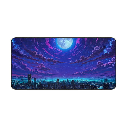 Moonlit City Skyline Desk Mat | Night Sky, Neon Purple Moon