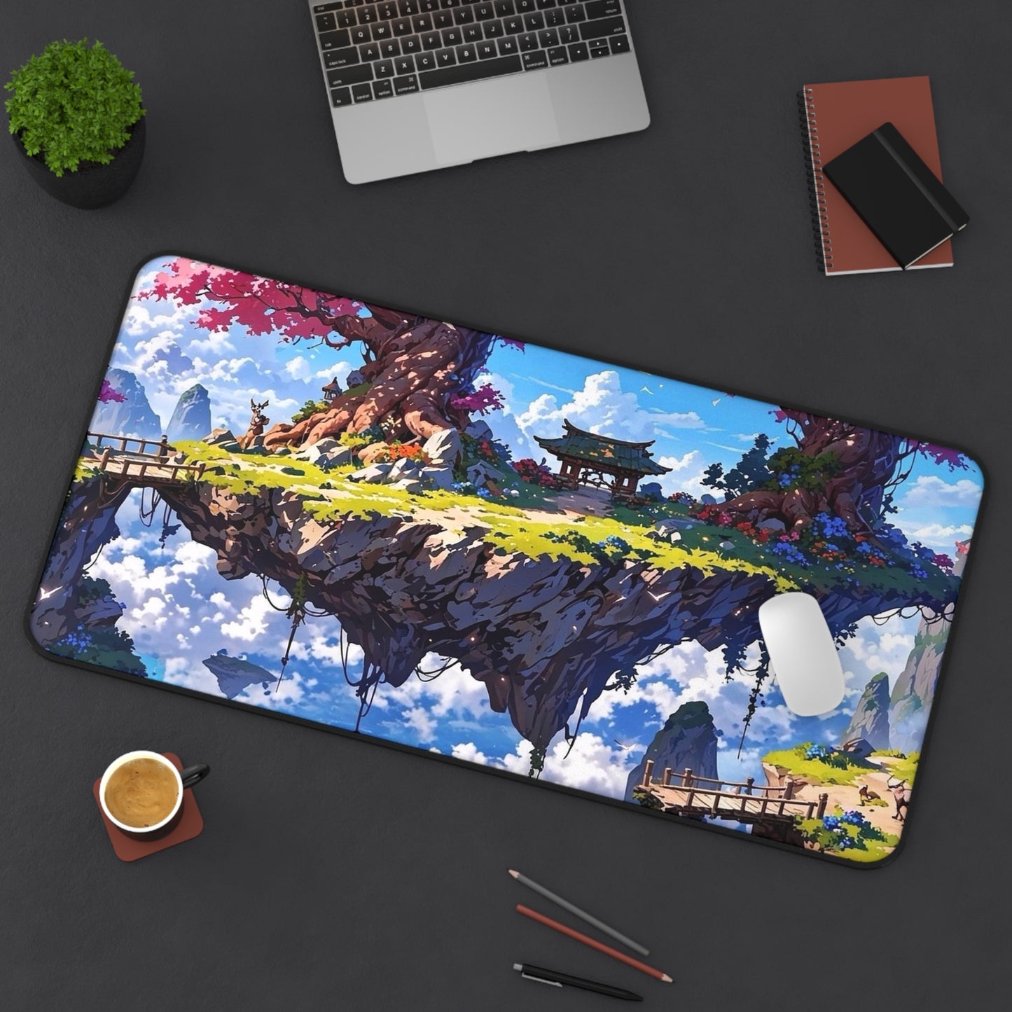 Floating Island with Cherry Trees Desk Mat | Fantasy Landscape Mouse Pad